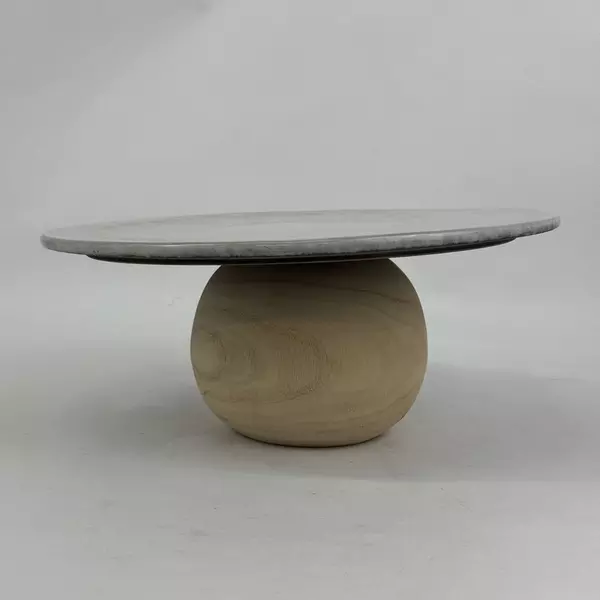 Bloomingville White Speckled Stoneware Pedestal Serving Tray Wood Base Chipped