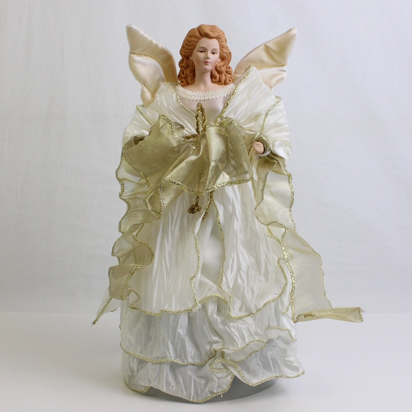 Bi-Mart Porcelain Angel Tree Topper White Silk Dress and Wings Gold Tulle Ribbon