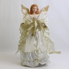 Bi-Mart Porcelain Angel Tree Topper White Silk Dress and Wings Gold Tulle Ribbon