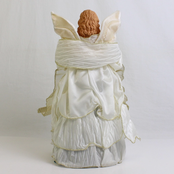 Bi-Mart Porcelain Angel Tree Topper White Silk Dress and Wings Gold Tulle Ribbon