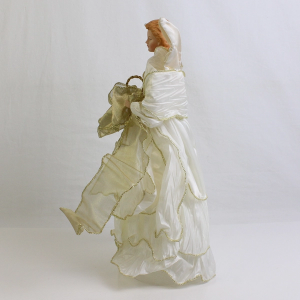 Bi-Mart Porcelain Angel Tree Topper White Silk Dress and Wings Gold Tulle Ribbon