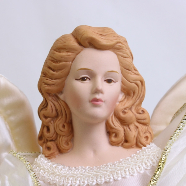 Bi-Mart Porcelain Angel Tree Topper White Silk Dress and Wings Gold Tulle Ribbon