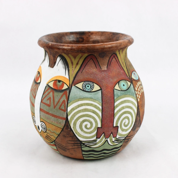 Swahili Imports Hand-Painted Cats Clay Pot Planter 8"