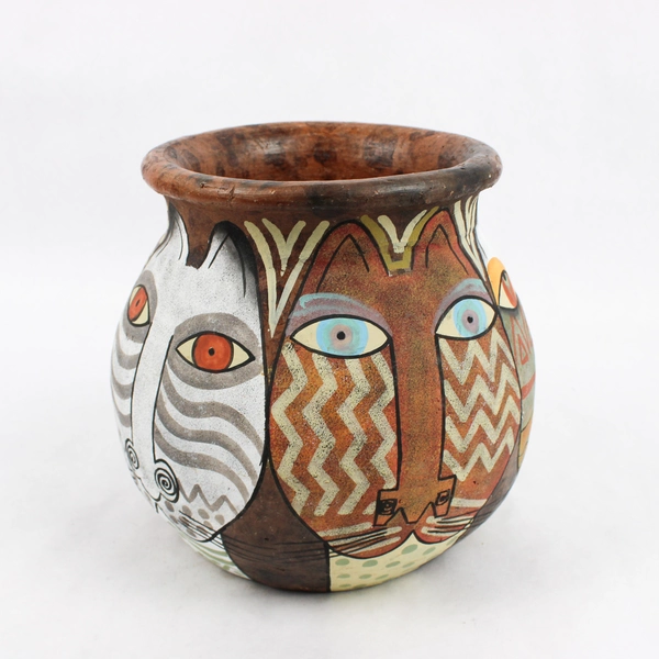 Swahili Imports Hand-Painted Cats Clay Pot Planter 8"