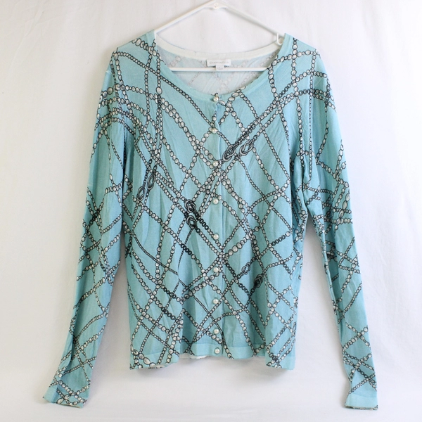 Charter Club Pearl Necklace Print Blue Cardigan Women's Size Large