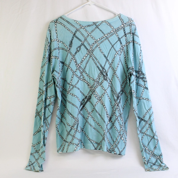 Charter Club Pearl Necklace Print Blue Cardigan Women's Size Large