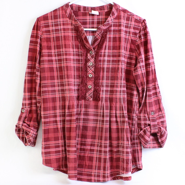 American Sweetheart Red Plaid 1/2 Button Top Lace Accent Women's Size Medium