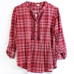 American Sweetheart Red Plaid 1/2 Button Top Lace Accent Women's Size Medium