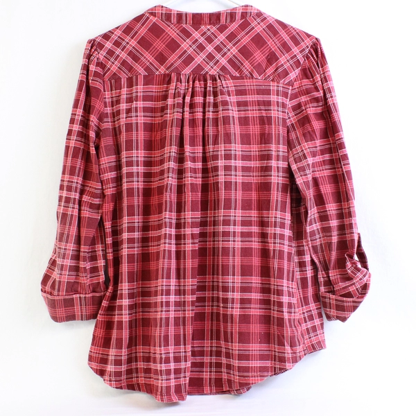 American Sweetheart Red Plaid 1/2 Button Top Lace Accent Women's Size Medium