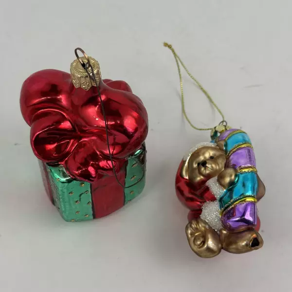 2 Vintage Blown Glass Christmas Ornaments Bear Wrapped Present