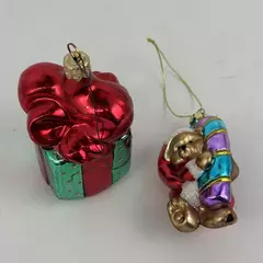 2 Vintage Blown Glass Christmas Ornaments Bear Wrapped Present