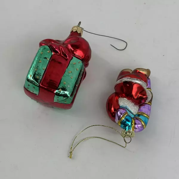 2 Vintage Blown Glass Christmas Ornaments Bear Wrapped Present
