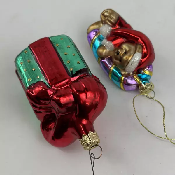 2 Vintage Blown Glass Christmas Ornaments Bear Wrapped Present