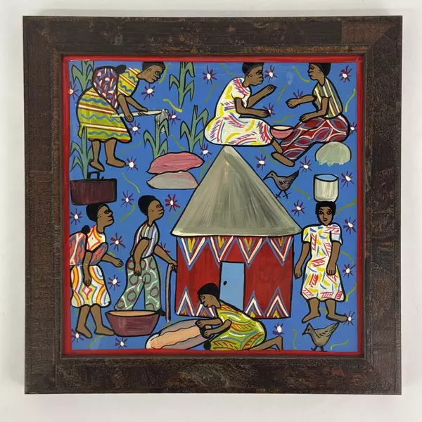 Framed African Folk Art Painting Village Life Scene