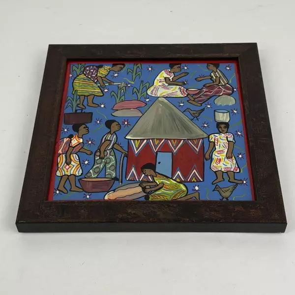Framed African Folk Art Painting Village Life Scene