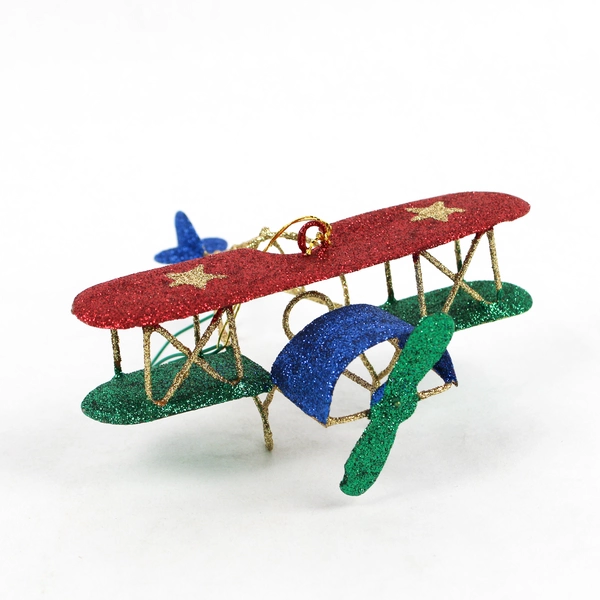 Airplane Christmas Ornament Glitter Shimmery Blue Red Green 6x5 Inch