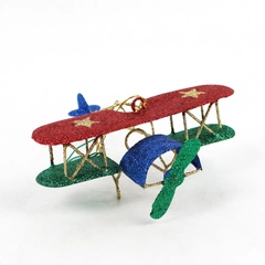 Airplane Christmas Ornament Glitter Shimmery Blue Red Green 6x5 Inch