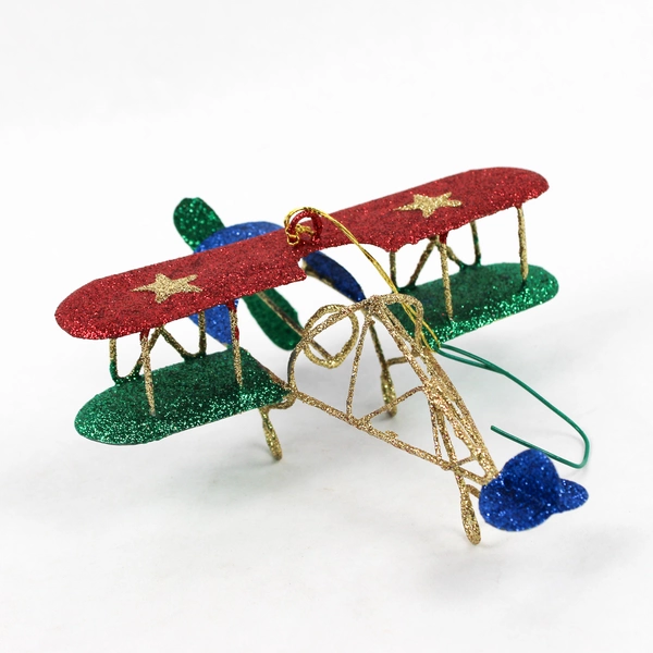 Airplane Christmas Ornament Glitter Shimmery Blue Red Green 6x5 Inch