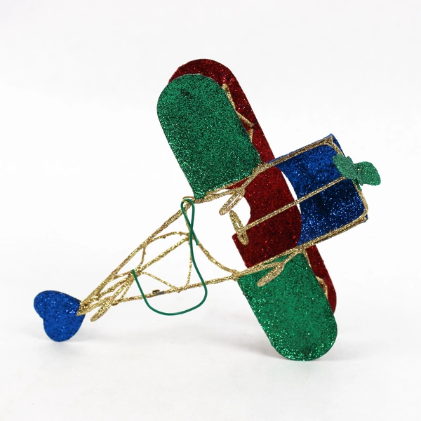 Airplane Christmas Ornament Glitter Shimmery Blue Red Green 6x5 Inch