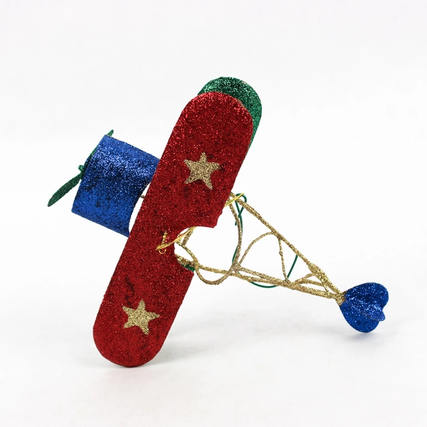Airplane Christmas Ornament Glitter Shimmery Blue Red Green 6x5 Inch