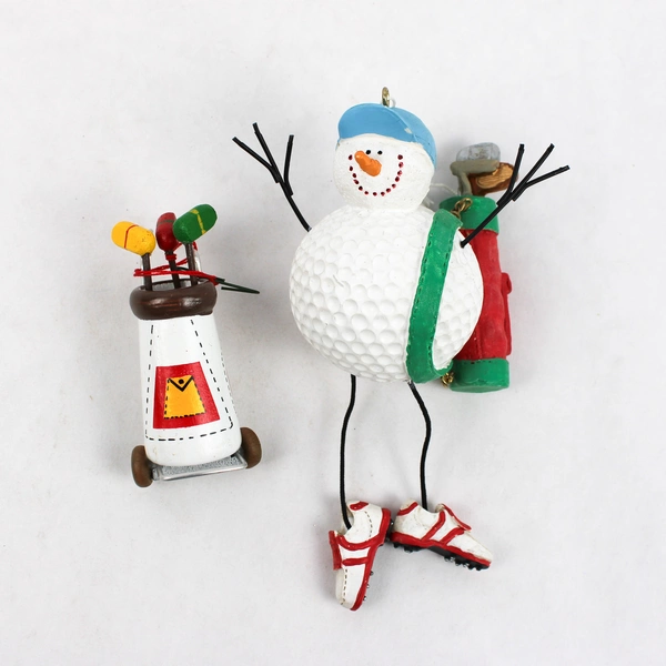 Lot of 2 Snowman Golfer Dangling Ornament Golf Ball and Wood Golf Bag Ornament