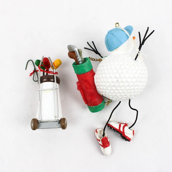 Lot of 2 Snowman Golfer Dangling Ornament Golf Ball and Wood Golf Bag Ornament