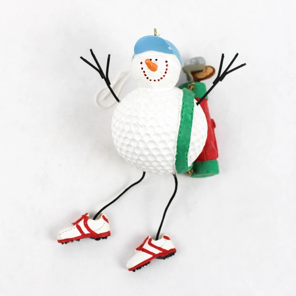 Lot of 2 Snowman Golfer Dangling Ornament Golf Ball and Wood Golf Bag Ornament
