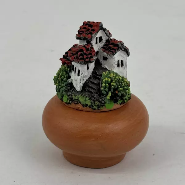 Handcrafted Terracotta Trinket Box From Bolivia w/ Building On The Lid Signed