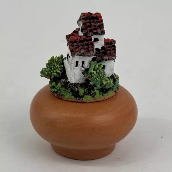 Handcrafted Terracotta Trinket Box From Bolivia w/ Building On The Lid Signed