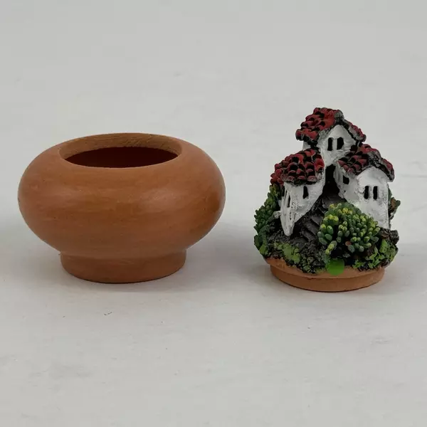 Handcrafted Terracotta Trinket Box From Bolivia w/ Building On The Lid Signed