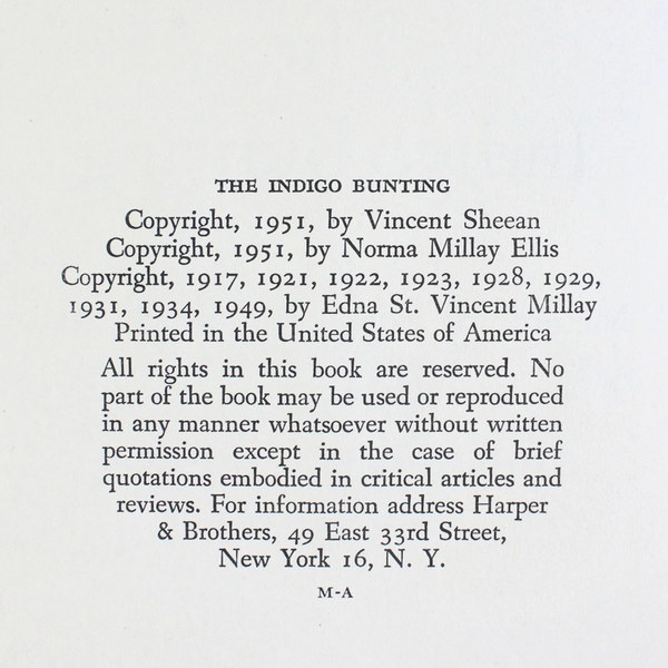 The Indigo Bunting A Memoir of Edna St Vincent Millay Vincent Sheean 1951 HC DJ