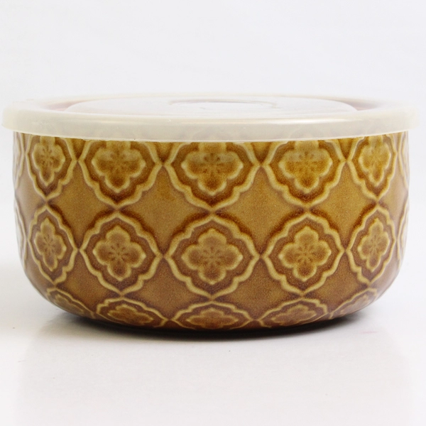 Signature Brown Floral Microwaveable Stoneware Bowl With Vented Plastic Lid 