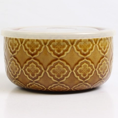 Signature Brown Floral Microwaveable Stoneware Bowl With Vented Plastic Lid 