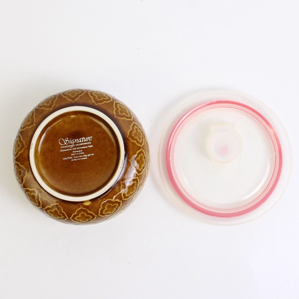 Signature Brown Floral Microwaveable Stoneware Bowl With Vented Plastic Lid 