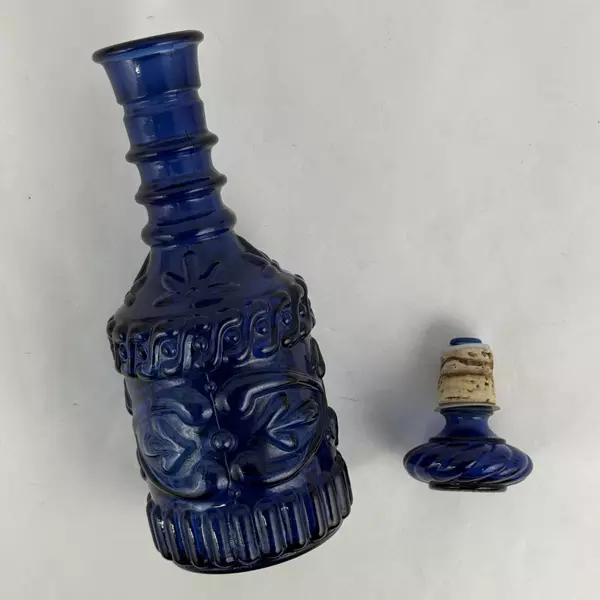 Vintage 1970s Jim Beam Cobalt Blue Embossed Liquor Bottle