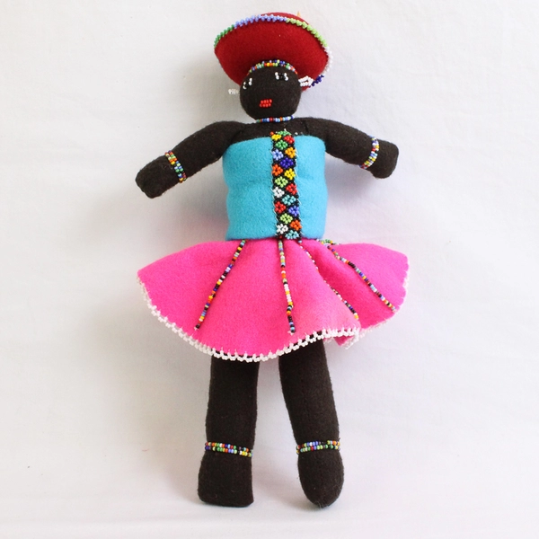 Handmade South African Beaded Felt Doll With Baby On Back 10.5"