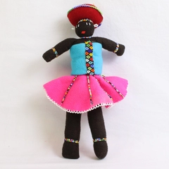 Handmade South African Beaded Felt Doll With Baby On Back 10.5"