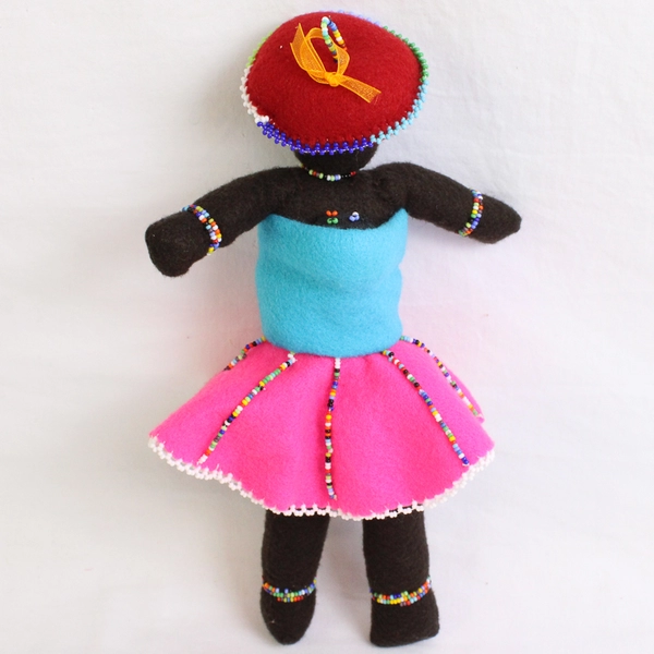 Handmade South African Beaded Felt Doll With Baby On Back 10.5"