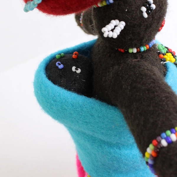 Handmade South African Beaded Felt Doll With Baby On Back 10.5"