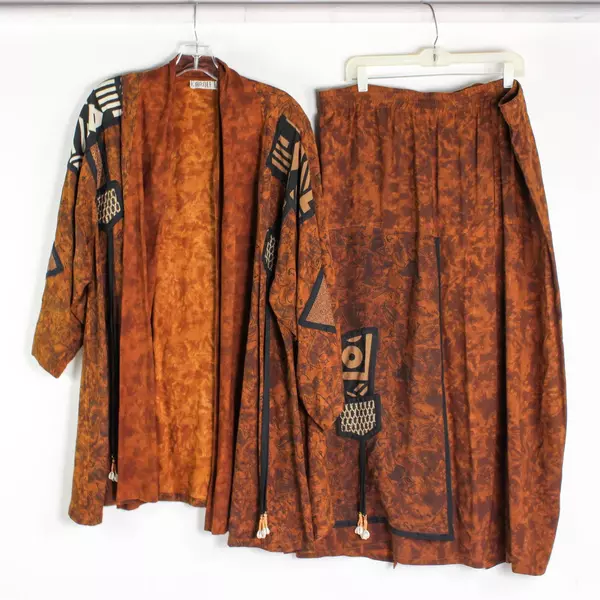 2-Piece Carole Liz Brown Tribal-Style Set Duster and Skirt Women's Size 1X FLAW