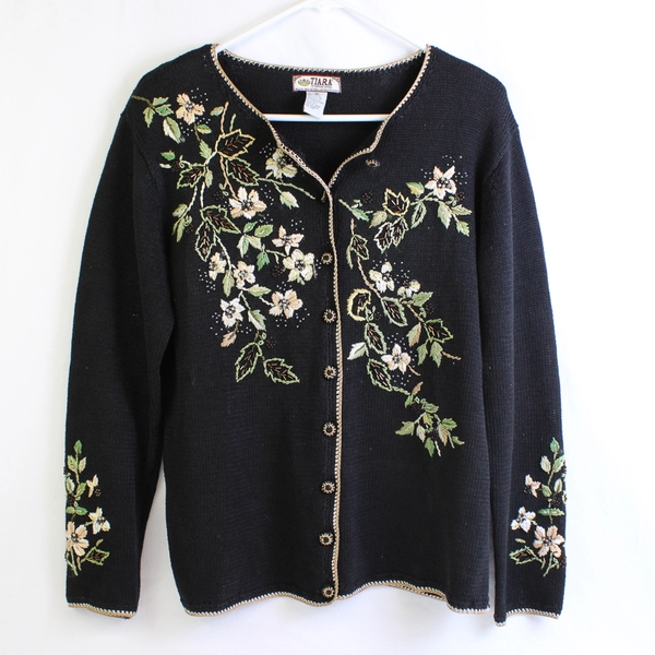 Vintage 2002 Tiara International Black Button-Front Cardigan Women's Small FLAW
