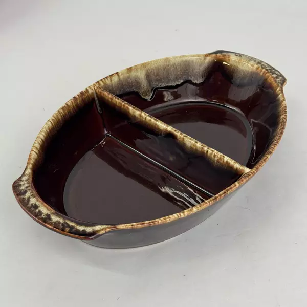 Pfaltzgraff Gourmet Brown Oval 2 Section Divided Vegetable Bowl