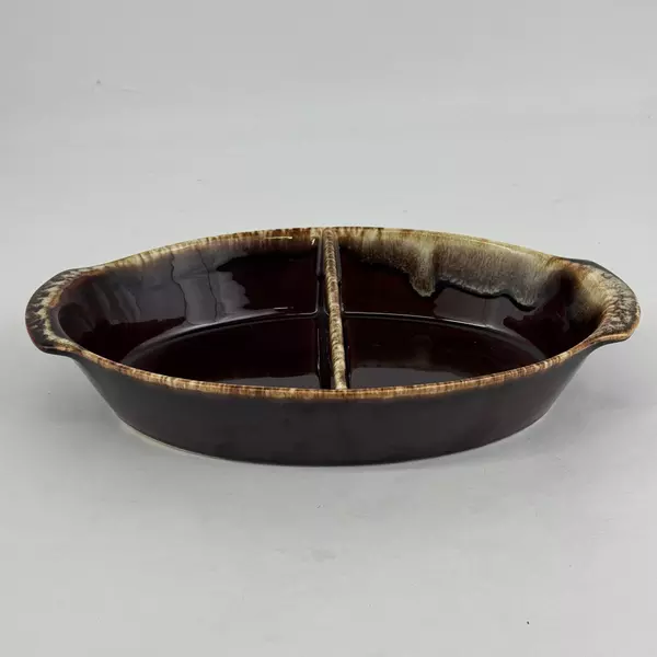 Pfaltzgraff Gourmet Brown Oval 2 Section Divided Vegetable Bowl