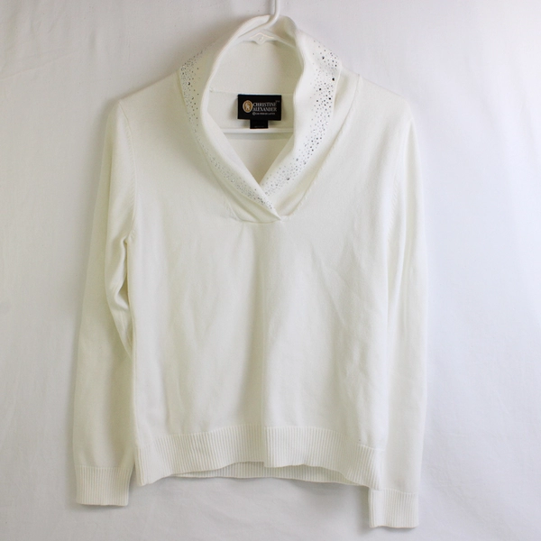 Christine Alexander Bedazzled White Shawl Neck Sweater Women's Size Medium