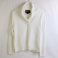 Christine Alexander Bedazzled White Shawl Neck Sweater Women's Size Medium