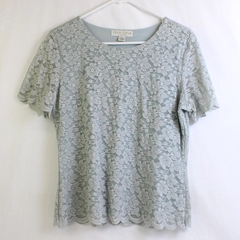 Casual Corner Gray Floral Lace Overlay Scallop Hem Blouse Women's Size Large