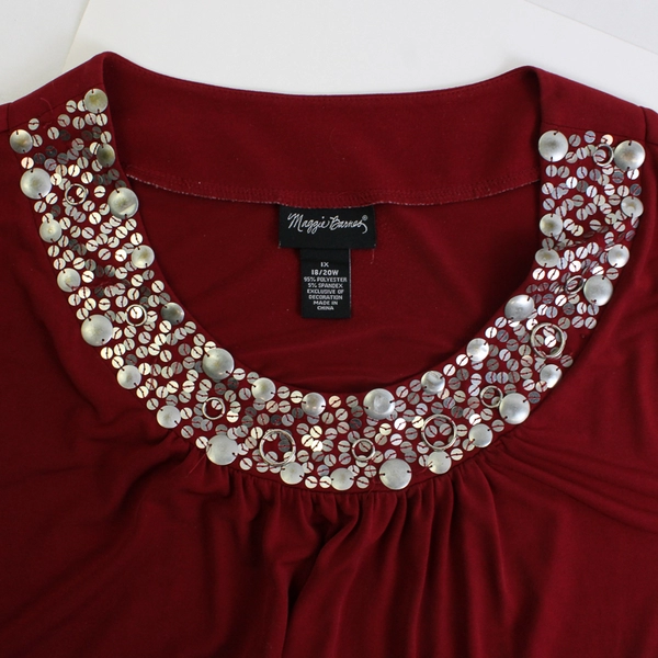 Maggie Barnes Maroon Red Short Sleeve Sequin Blouse Women's Size 1X