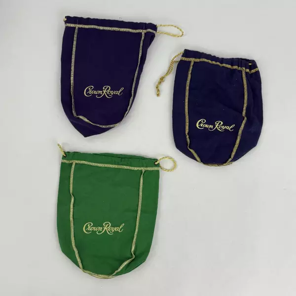 Lot of 3 Crown Royal Felt Bags 1 Green & 2 Purple Collectible Storage