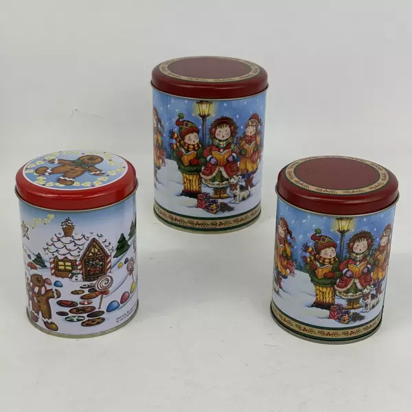Lot of 3 Holiday Decor Round Kitchen Canister Santa's Workbench Carolers Motif