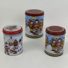 Lot of 3 Holiday Decor Round Kitchen Canister Santa's Workbench Carolers Motif